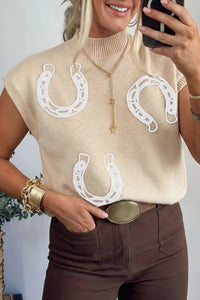 Women's Apricot Western Horseshoe Ribbed Mock Neck Sweater
