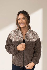 
cozy women's dark brown camo and floral print sherpa jacket with zipper - stylish outerwear for fall and winter comfort made for easy styling and with