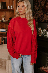 Fiery Red Cable Knit Textured Patchwork Sleeve Slouchy Sweater