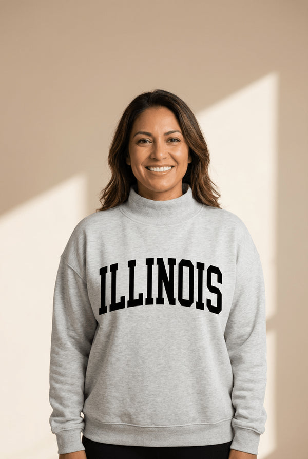 Women's Cozy Women's Light Grey Reversible Mock Neck Sweatshirt with Illinois Print – Stylish, Comfortable Casual Wear