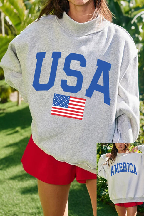 Women's Cozy Women's Light Grey Reversible Mock Neck Sweatshirt with USA Graphic – Effortless Casual Style for Everyday Comfort