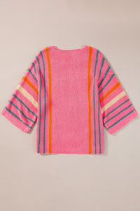 Rose Striped Detail Wide Sleeve Lightweight Knitted Sweater