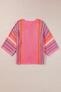 Rose Striped Detail Wide Sleeve Lightweight Knitted Sweater