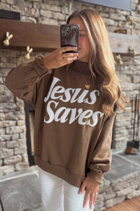 $10.08 Dark Brown Jesus Saves Slogan Print Stand Neck Baggy Sweatshirt Wholesale