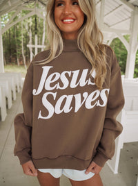 $10.08 Dark Brown Jesus Saves Slogan Print Stand Neck Baggy Sweatshirt Wholesale