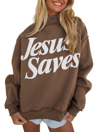 $10.08 Dark Brown Jesus Saves Slogan Print Stand Neck Baggy Sweatshirt Wholesale