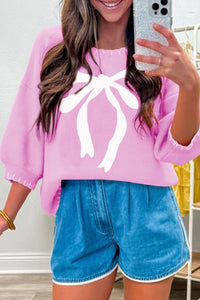 
Women's Cozy Women's Phalaenopsis Bow Print Sweater with Contrast Stitch, Drop Shoulder Design