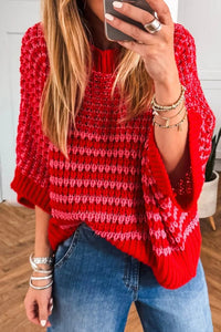 Women's Red and Pink Striped Slouchy Knit Sweater with Draped 3/4 Sleeves