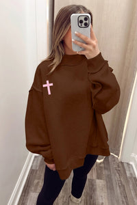 $10.99 Coffee Reversible Christian Faith Print Mock Neck Pullover Sweatshirt Wholesale