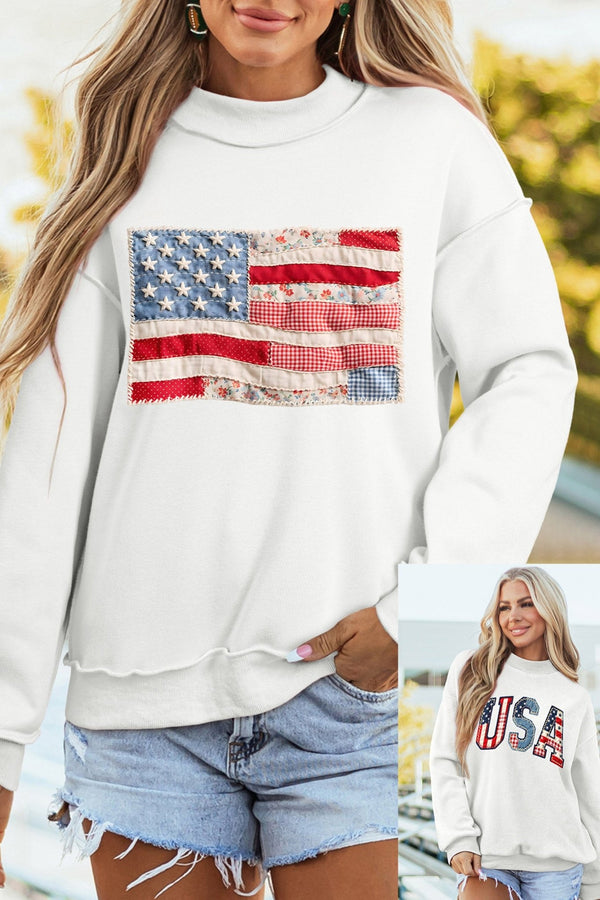 Cozy Women's Reversible White USA Flag Sweatshirt - Stylish Patchwork Design for Everyday Comfort and Versatile Outfits