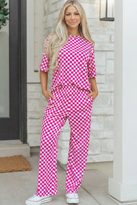 women's cozy women's rose checkered half sleeve tee and lounge pants set - stylish casual two-piece outfit for ultimate comfort with practical styling