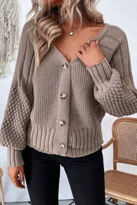 Goat Mixed Texture Knit Button V Neck Sweater Cardigan