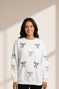 Women's Cozy Women's White 3D Ribbed Sequin Sweatshirt with Bow Detail - Festive Baggy Fit for Mardi Gras Celebrations