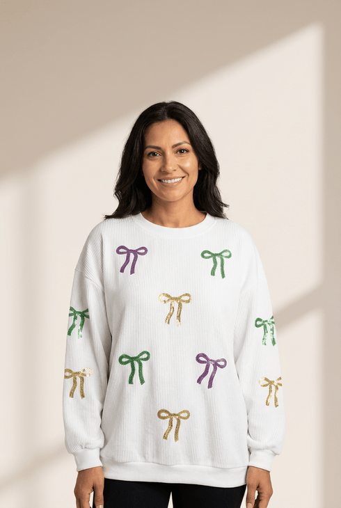 Women's Cozy Women's White 3D Ribbed Sequin Sweatshirt with Bow Detail - Festive Baggy Fit for Mardi Gras Celebrations