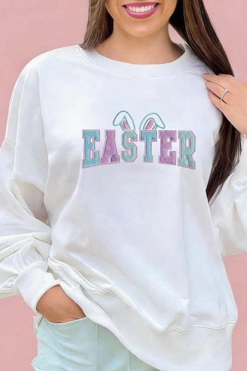 Women's Cozy Women's White Embroidered Bunny Ear Sweatshirt - Perfect Pullover for Easter and Spring Style