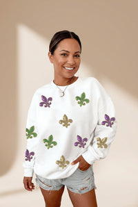Women's White Sequin Fleur-De-Lis Sweatshirt