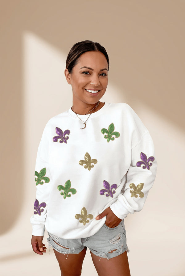 Women's White Sequin Fleur-De-Lis Sweatshirt