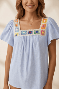 
Women's Crochet Trim Square Neck Pinstripe Blouse in Sky Blue