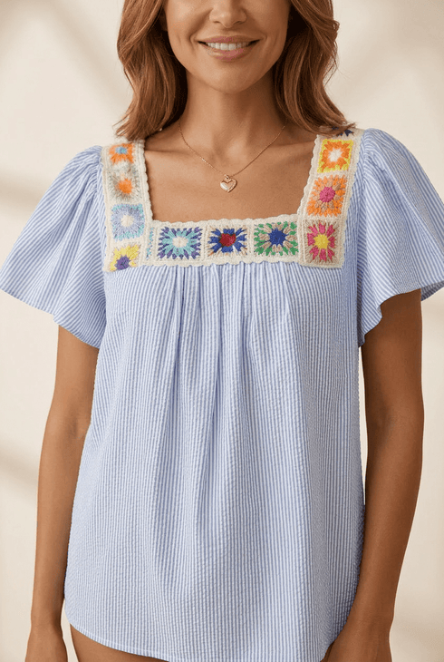 Women's Crochet Trim Square Neck Pinstripe Blouse in Sky Blue