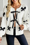 Chic Women's White Lace-Up Cardigan with Bow Design - Cozy Knit Sweater for Trendy Fall Looks