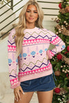 Cozy Women's Multicolor Ethnic Christmas Sweater with Feather Cuffs - Perfect for Stylish Holiday Festivities