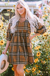 Brown Plaid Babydoll Dress for Women – Flattering Empire Waist Design for Playful Style in Every Season
