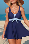 Navy Blue Color Block Bow Knot Sleeveless Swim Dress for Women - Chic Beachwear for Effortless Summer Style