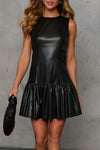 Trendy Women's Chic Black Ruffle Hem Sleeveless Mini Dress - Stylish Faux Leather Outfit for Night Outs and Parties
