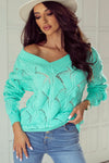 Mint Green Women's V-Neck Hollow Out Knit Sweater with Drop Shoulders - Stylish and Comfortable Knitwear for Spring
