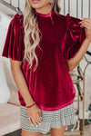 Elegant Women's Red Velvet Blouse with Frilled Puff Sleeves - Stylish and Sophisticated for Any Occasion