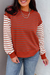 Women's Orange Stripe Contrast Sleeve Sweatshirt - Trendy Drop Shoulder Long Sleeve Top for Casual Comfort