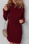 Women's Burgundy Ribbed Knit High Neck Bodycon Sweater Dress with Raglan Sleeves - Chic & Cozy Fit for Any Occasion