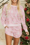 Women's Holiday Comfort Pink Nutcracker Doll Print Long Sleeve Top & Shorts Lounge Set with Contrast Trim