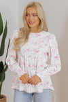 Women's Pink Floral Babydoll Blouse with Balloon Sleeves & Keyhole Back - Stylish, Comfortable Top for Everyday Wear