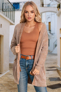 Straw Yellow Solid Open Knit Cardigan with Pockets