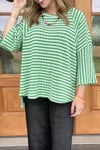 Stylish Women's Green Stripe High Low Top with Bracelet Sleeves - Comfortable Casual Everyday Wear for Effortless Style