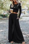 Stylish Women's Black Ribbed Crop Top and High-Waisted Pants Set - Cozy, Trendy Outfit for Everyday Fashion