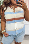 Plus Size Women's Brown Striped Button-Down Cardigan Vest with Round Neck for Effortless Casual Chic Look