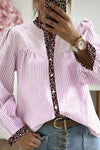 Trendy Women's Pink Leopard Patchwork Long Sleeve Shirt - Stylish Striped Design for Casual Chic Outfits