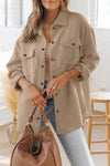 Women's Khaki Textured Shacket with Flap Pockets - Trendy Layering Jacket for Casual Chic Style