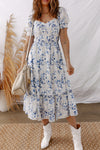 Sky Blue Floral Midi Dress for Women - Smocked Bodice & Puff Sleeves, Ideal for Spring and Summer Occasions