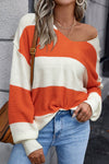 Women's Relaxed Fit Orange Stripe Color Block Sweater with Drop Shoulders and Trendy Bubble Sleeves