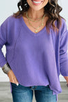 Wisteria Women's Stylish Twisted Ribbed Long Sleeve V-Neck Top in Soft Purple - Comfortable Fit with Exposed Seams