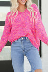Cozy Women's Dark Pink V-Neck Sweater with Colorful Dots - Perfect for Casual Everyday Wear and Comfort