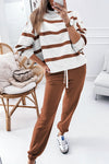 Trendy Women's Brown Stripe Drop Shoulder Pullover & Jogger Pants Set – Cozy Loungewear for Effortless Style