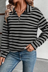 Women's Textured Black Striped Quarter Zip Long Sleeve Top - Stylish Fit for Casual Outings and Everyday Wear