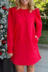 Elegant Fiery Red Textured Mini Dress with Big Bow, Long Sleeves, Perfect for Women’s Stylish Casual Outings