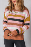 Cozy Women's Pink Stripe Drop Shoulder Sweater - Casual Crew Neck for Effortless Chic Style and Comfort