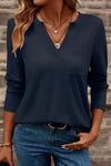 Women's Casual Dirty Blue V-Neck Long Sleeve T-Shirt with Pocket - Comfortable Everyday Style for Effortless Outfits