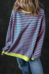 Women's Cozy Green Stripe Oversized Sweatshirt with Contrast Trim - Effortless Casual Pullover for Chic Comfort